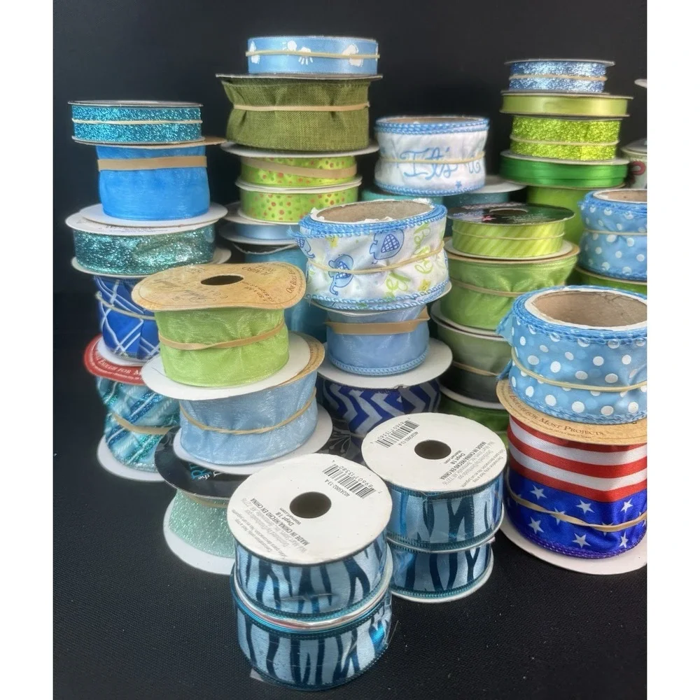 Lot Of 40+ Blue & Green Wired Craft Ribbon & Mesh New & Used